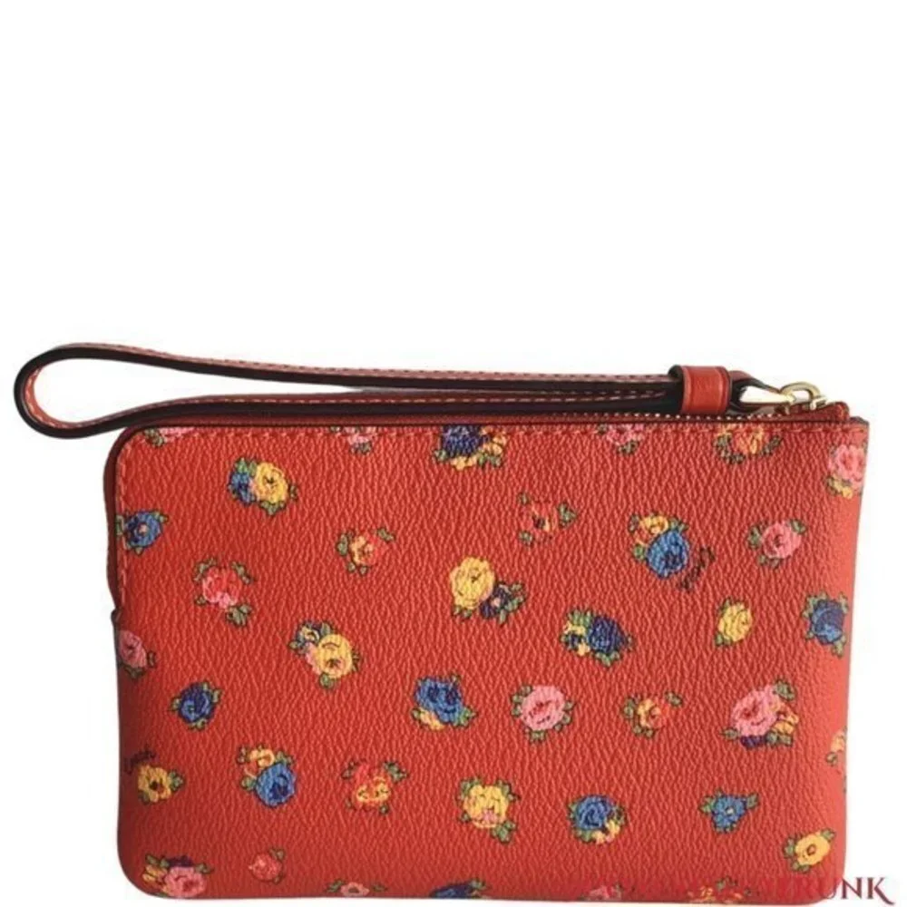 COACH‎ Corner Zip Wristlet With Mini Vintage Rose Print Miami Red Multicolor NWT